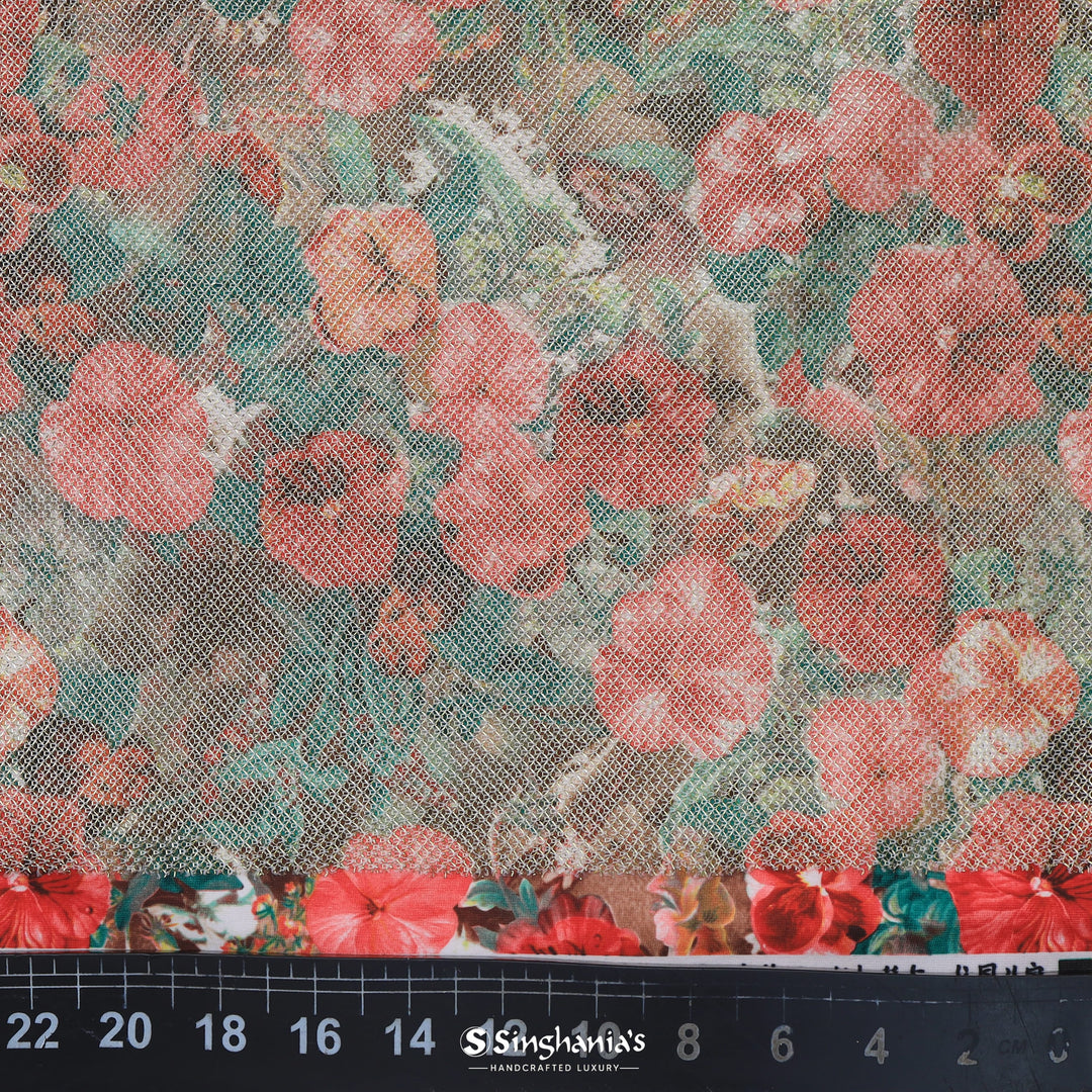 Deep Teal Floral Printed With Shimmer Fancy Fabric