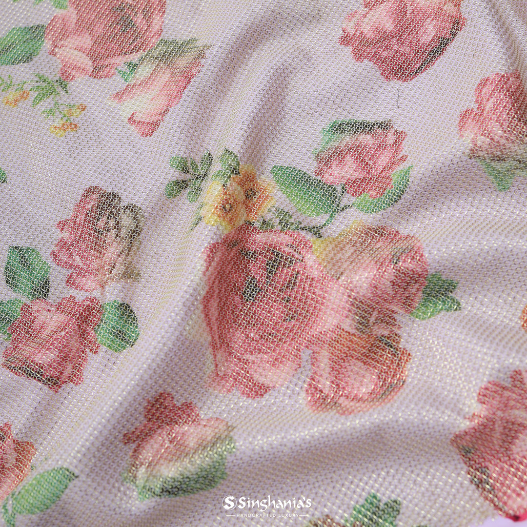 Multi-Color Rose Printed On Pale Purple With Shimmer Fancy Fabric