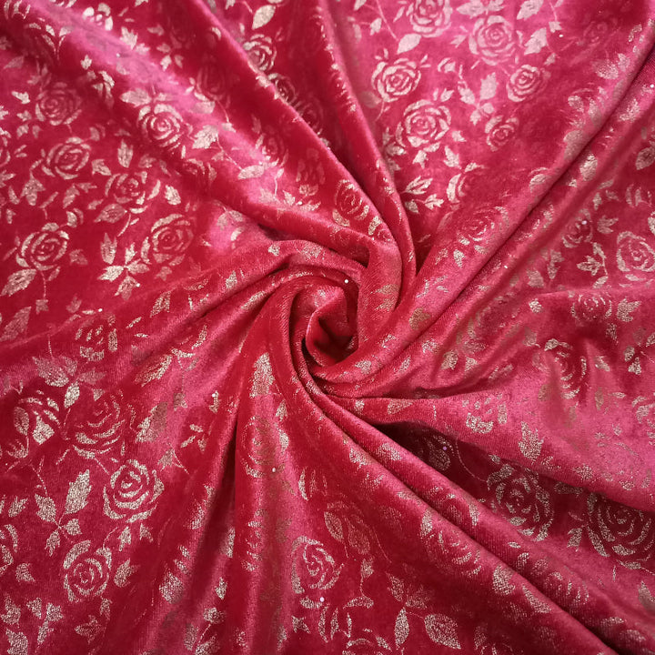 Red Color Floral Textured Velvet Fabric