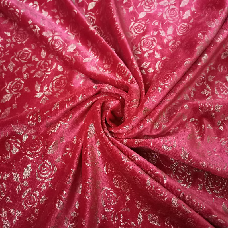 Red Color Floral Textured Velvet Fabric