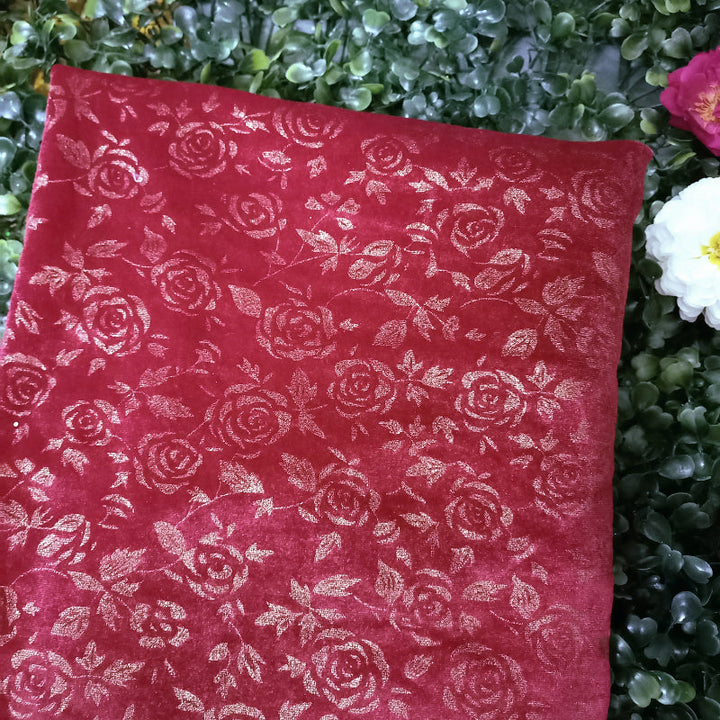 Red Color Floral Textured Velvet Fabric