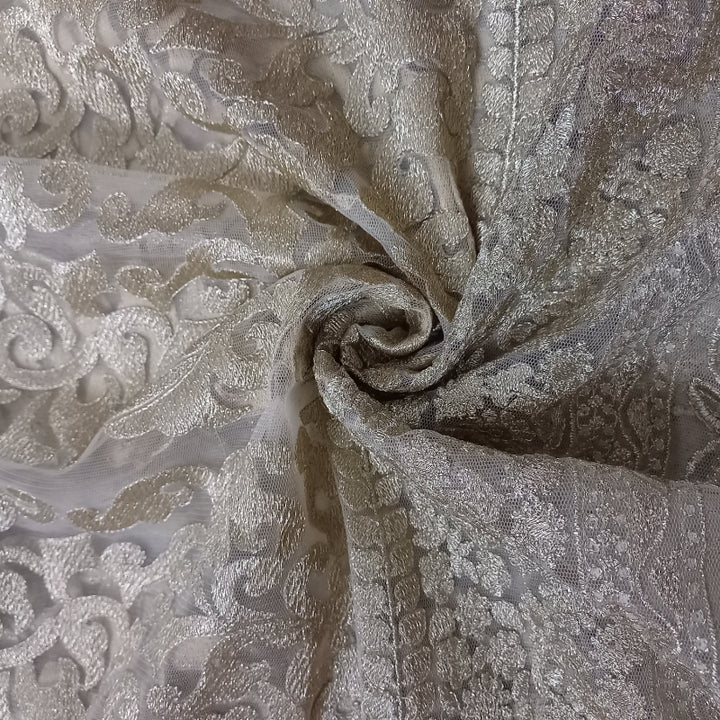 Golden Beige Color Embroidered Net Fancy Fabric
