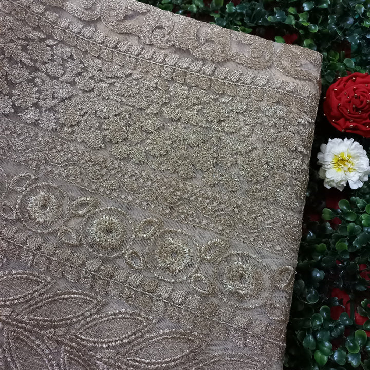 Golden Beige Color Embroidered Net Fancy Fabric