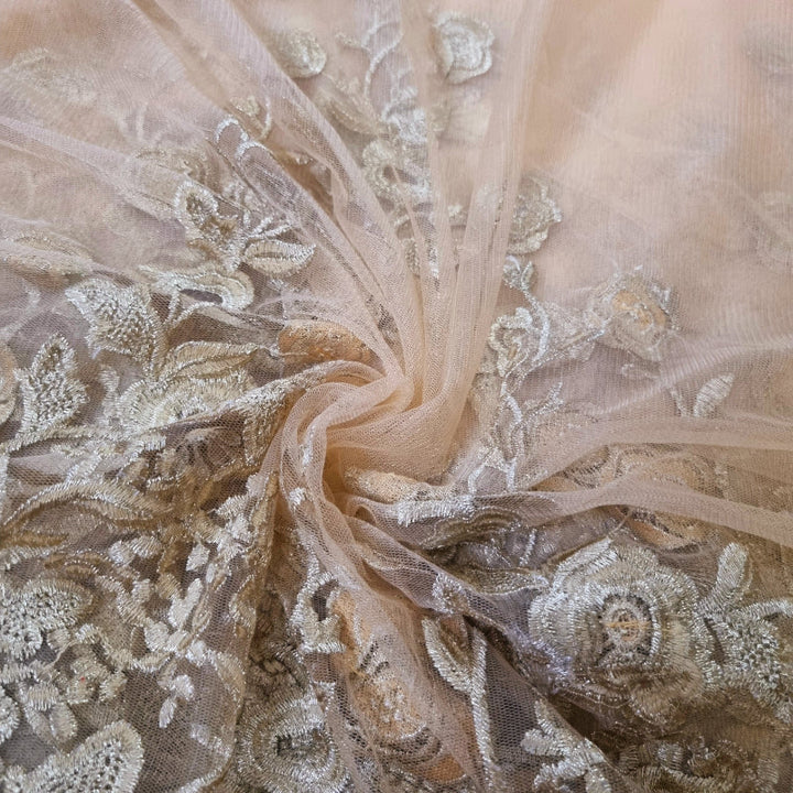 Peach Colour Fancy Fabric With Floral Cutwork Fabric