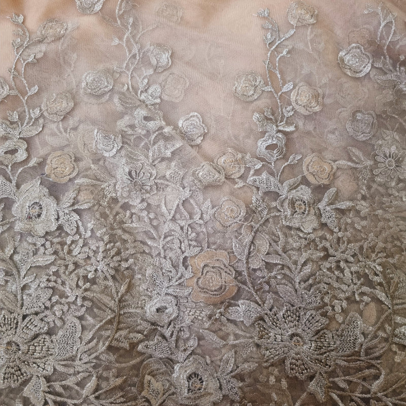 Peach Colour Fancy Fabric With Floral Cutwork Fabric