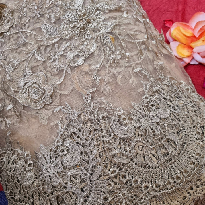 Peach Colour Fancy Fabric With Floral Cutwork Fabric