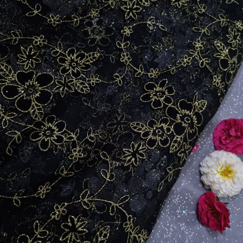 Black Textured Fancy Fabric With Floral Pattern