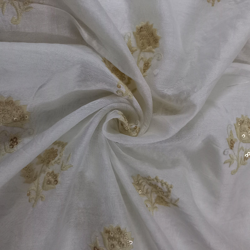 White Dyeable Chanderi Fabric with Sequence and Thread Embroidery