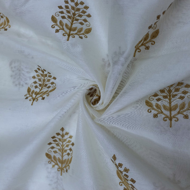 White Chanderi Embroidery Fabric With Golden Work