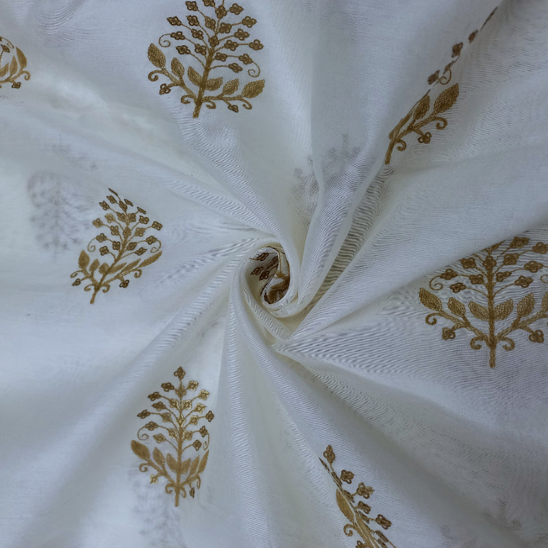 White Chanderi Embroidery Fabric With Golden Work