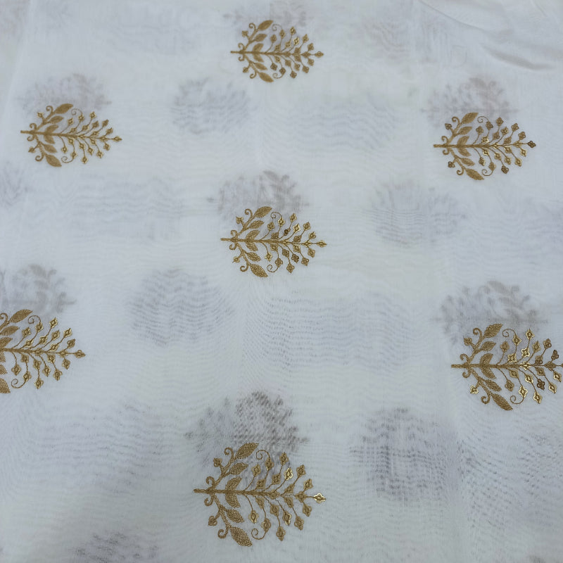 White Chanderi Embroidery Fabric With Golden Work