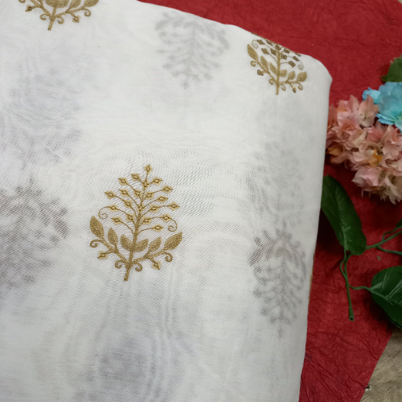 White Chanderi Embroidery Fabric With Golden Work