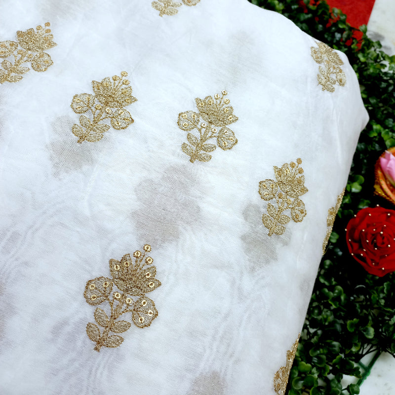 Shwetha Dyeable White Zari Floral Embroidered Chanderi Fabric