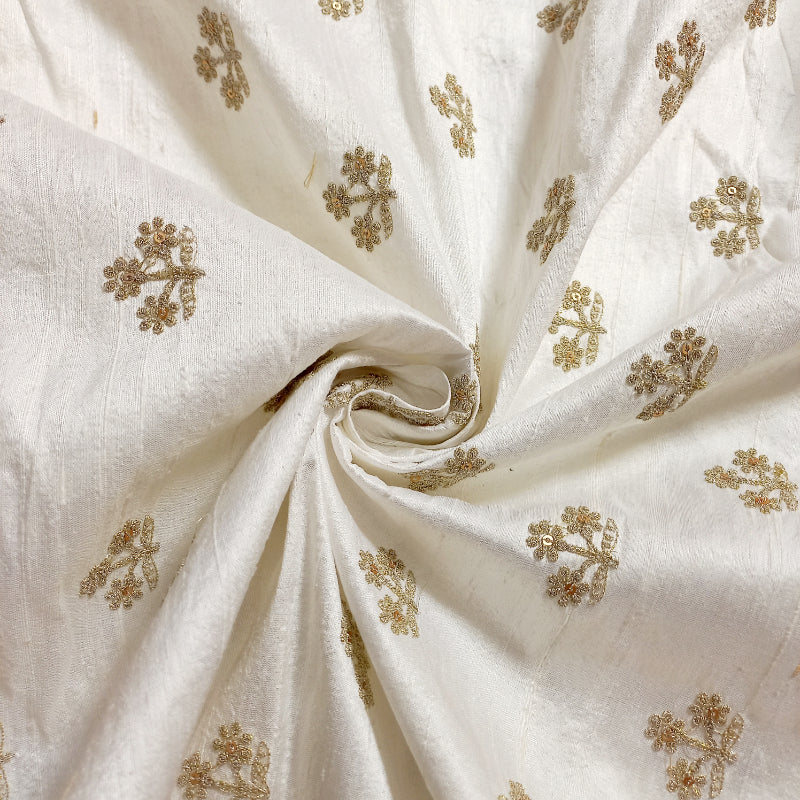 White Dyeable Dupion Rawsilk Fabric With Floral Buttas And Sequence Embroidery