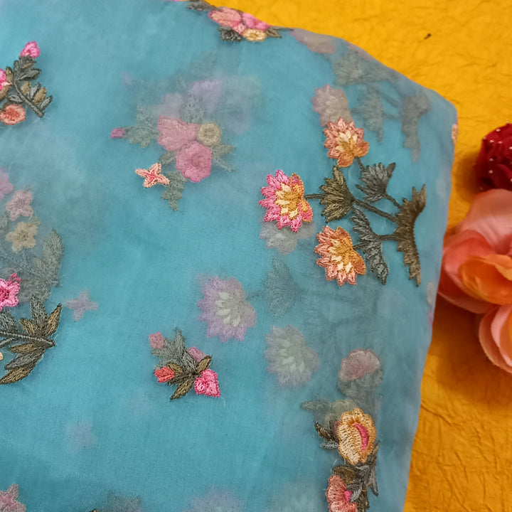 Sky Blue Color Thread Embroidered Organza Fabric
