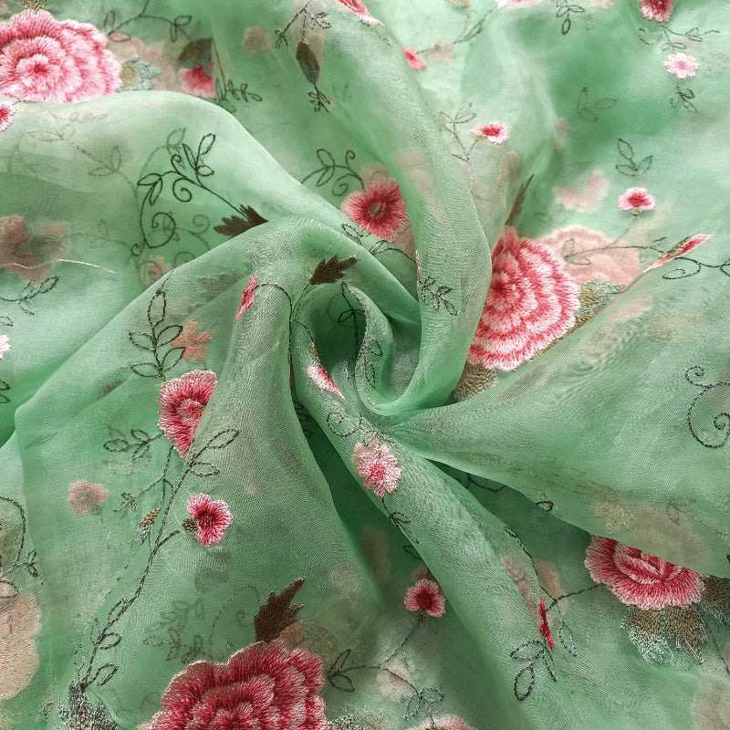 Mint Green Organza Fabric With Floral Work