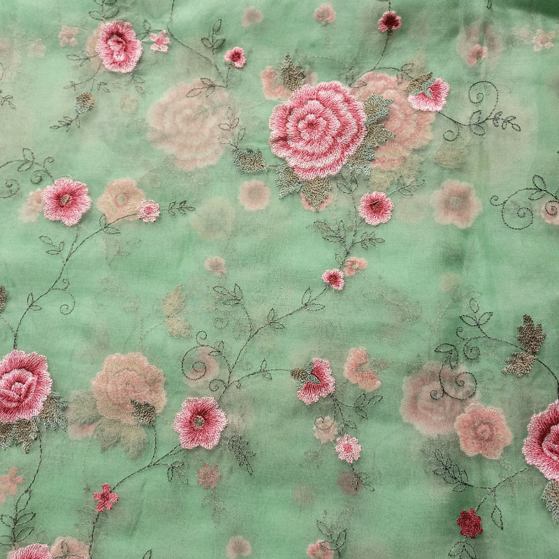 Mint Green Organza Fabric With Floral Work