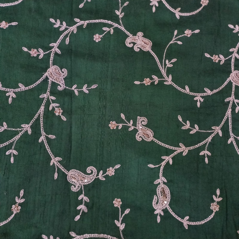 Hunter Green Color Raw Silk Fabric With Floral Embroidery