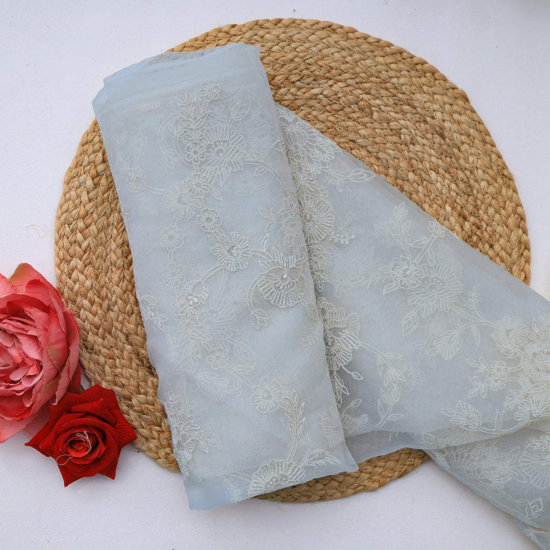 Beau Blue Organza Floral Embroidery Fabric