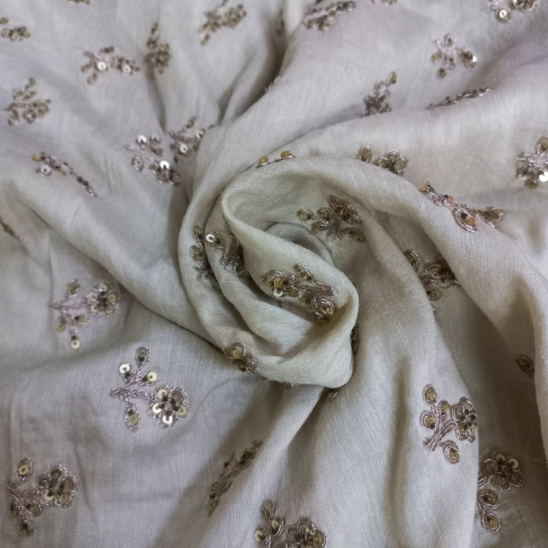 Off White Dyeable Moonga Tussar Fabric With Thread And Sequence Embroidery