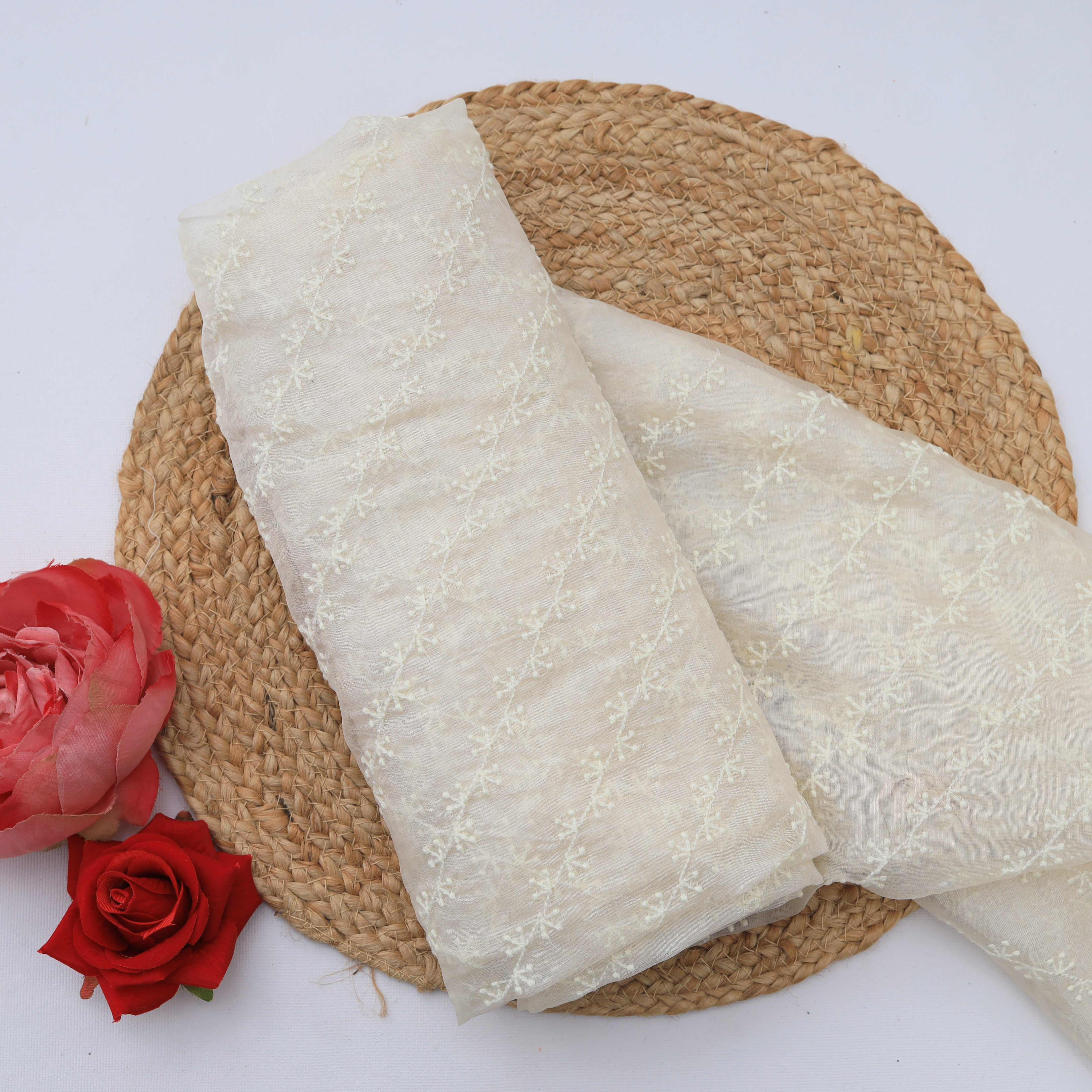 White Organza Tussar Embroidery Fabric