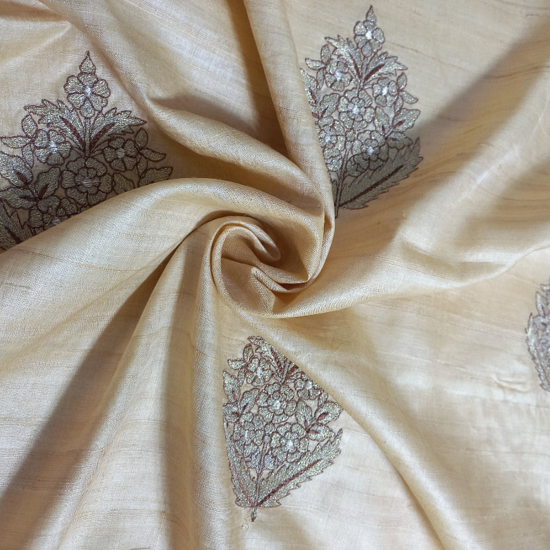 Beige Dyeable Tussar Fabric with Thread Embroidery