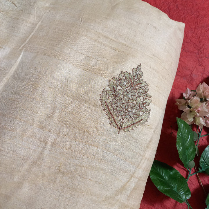 Beige Dyeable Tussar Fabric with Thread Embroidery