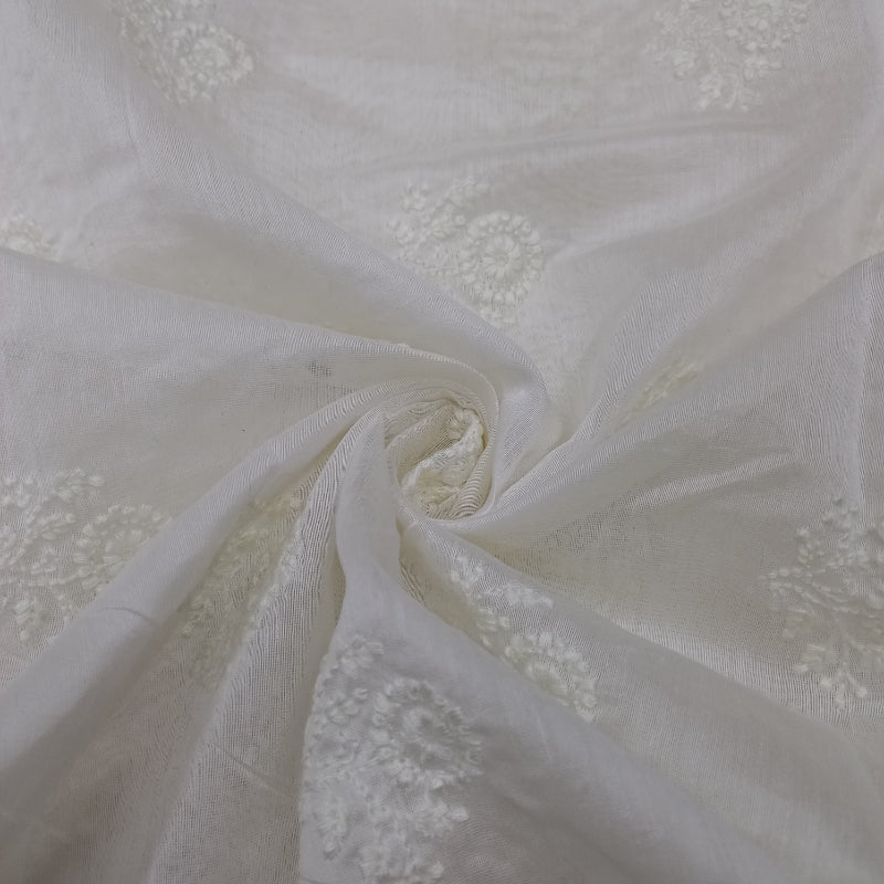 White Chanderi Embroidery Fabric With White Floral Thread Work