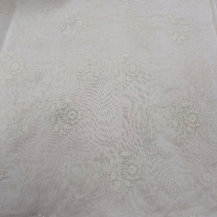 White Chanderi Embroidery Fabric With White Floral Thread Work