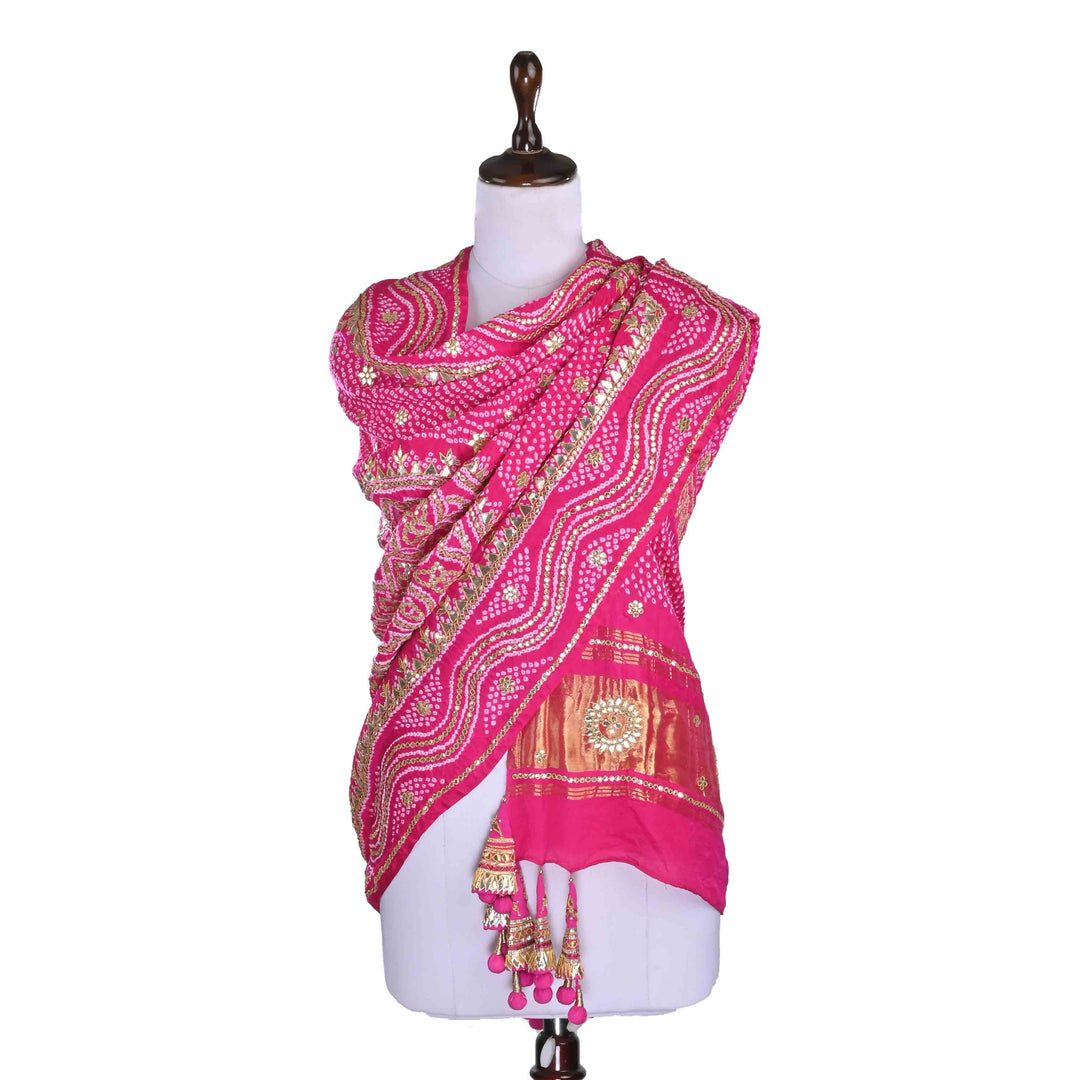 Cerise Pink Satin Bandhani Embroidery Dupatta