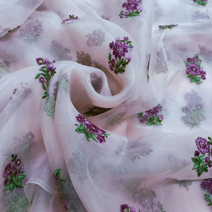Light Carnation Pink Color Organza Fabric With Floral Embroidery