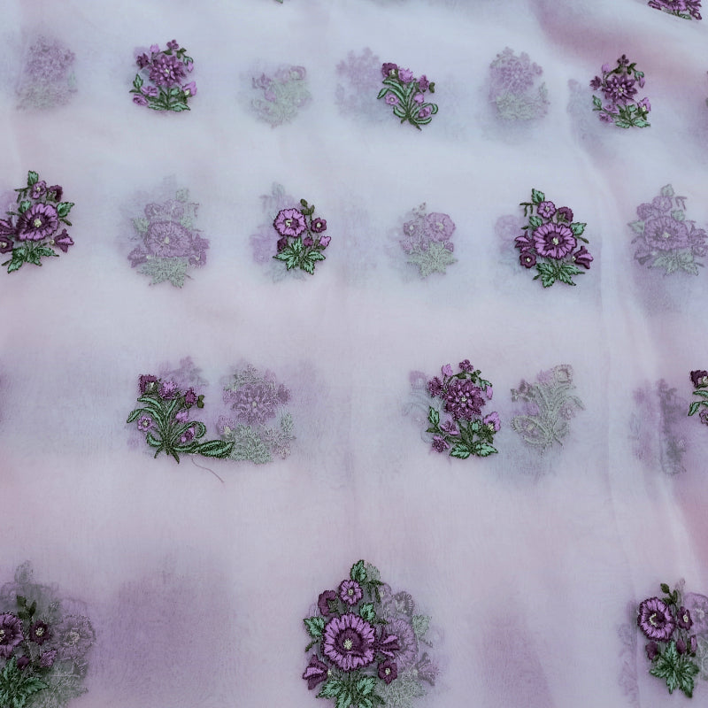 Light Carnation Pink Color Organza Fabric With Floral Embroidery