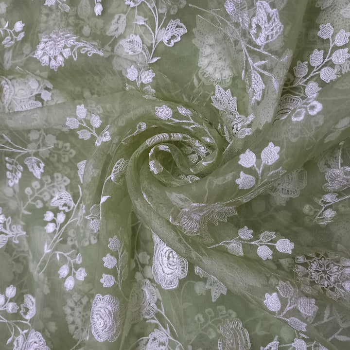 Light Basil Green Color Organza Fabric With Floral Emboridery