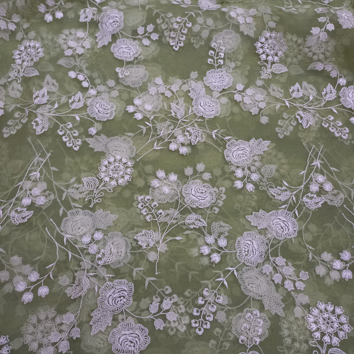 Light Basil Green Color Organza Fabric With Floral Emboridery