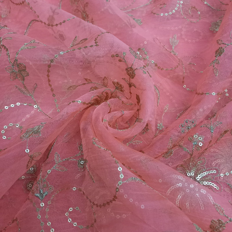 Light Pink Color Organza Fabric With Sequence Emboridery