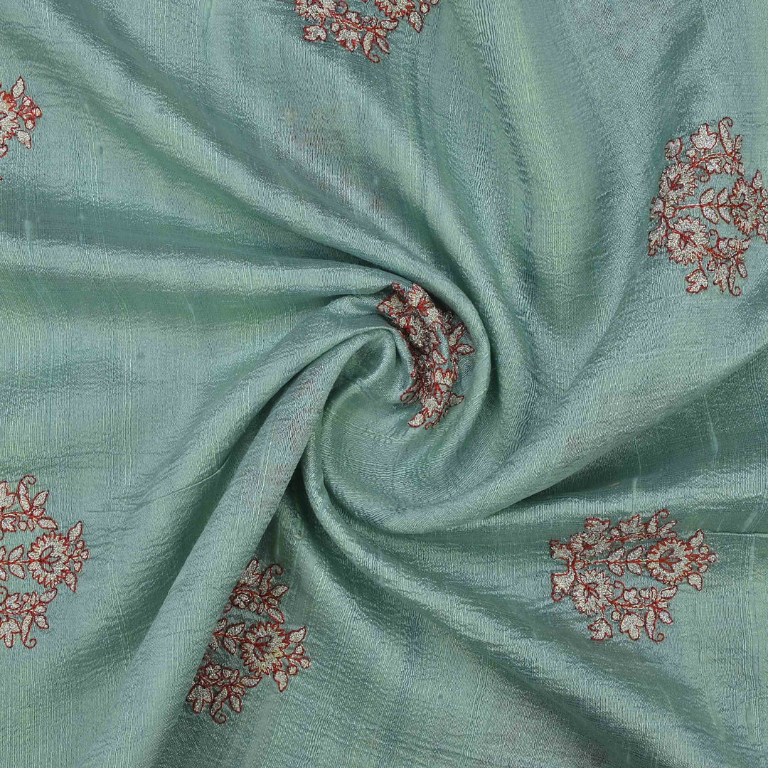 Pearl Aqua Raw Silk Embroidered Fabric