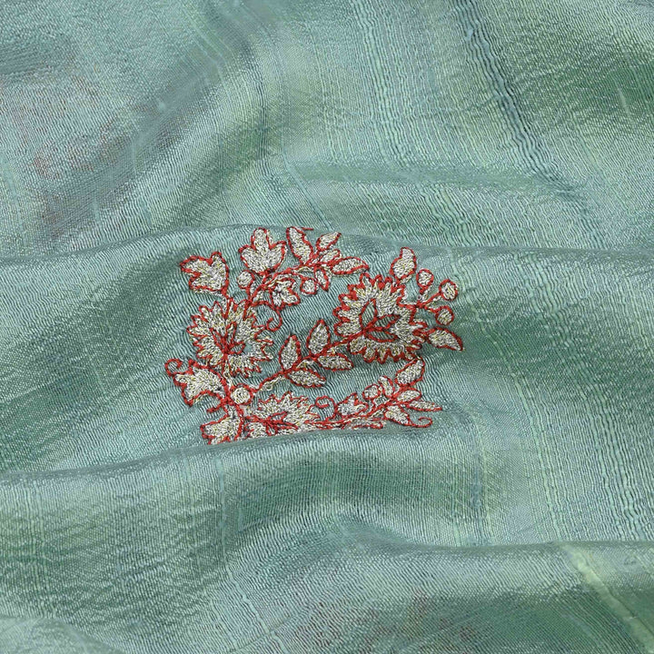 Pearl Aqua Raw Silk Embroidered Fabric
