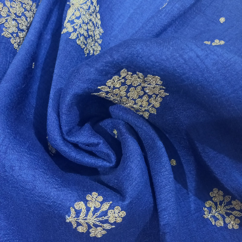 Neelam Ink Blue Embroidered Dupion Silk Fabric