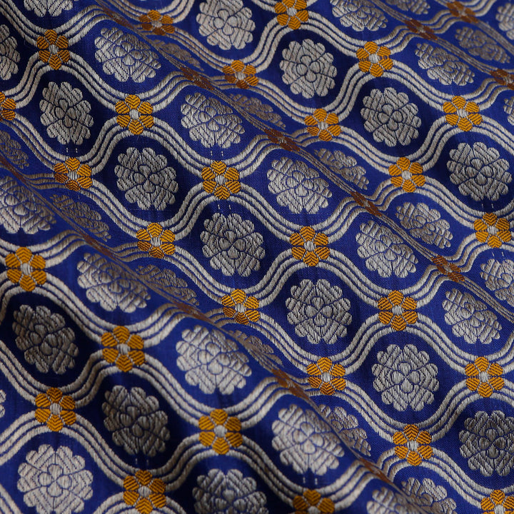 Dark Blue Color Silk Fabric With Floral Pattern