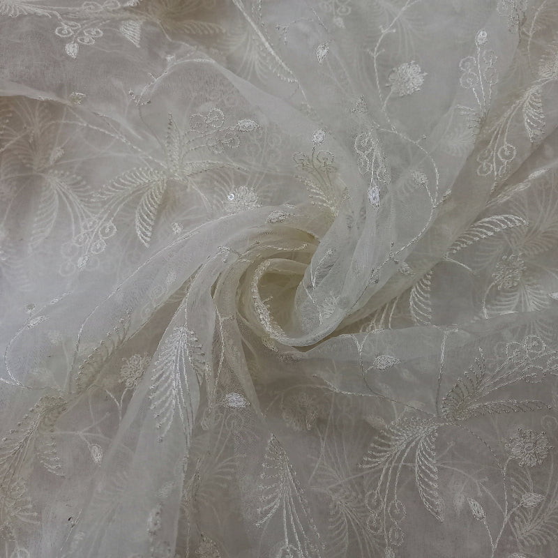 White Dyeable Organza Fabric with Thread Embroidery