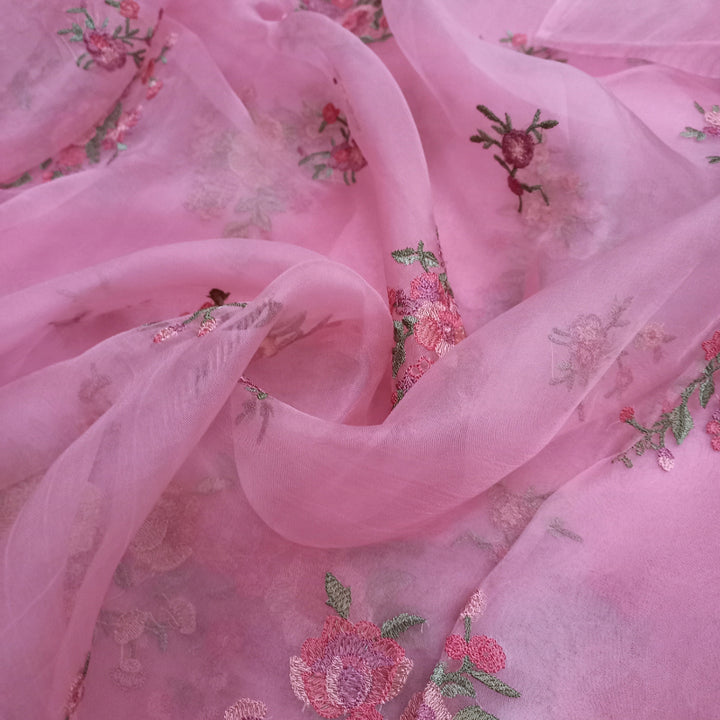 Light Pink Color Organza Fabric With Floral Emboridery
