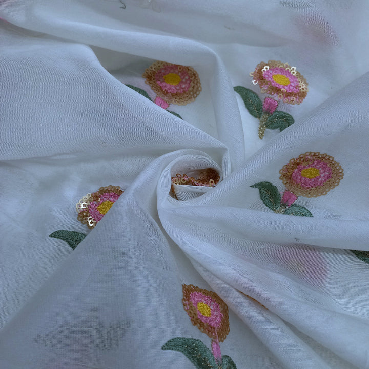 White Dyeable Chanderi Fabric With Floral Buttas And Sequence Embroidery