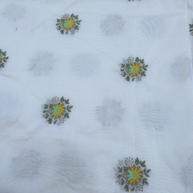 White Dyeable Chanderi Fabric With Floral Buttas And Embroidery