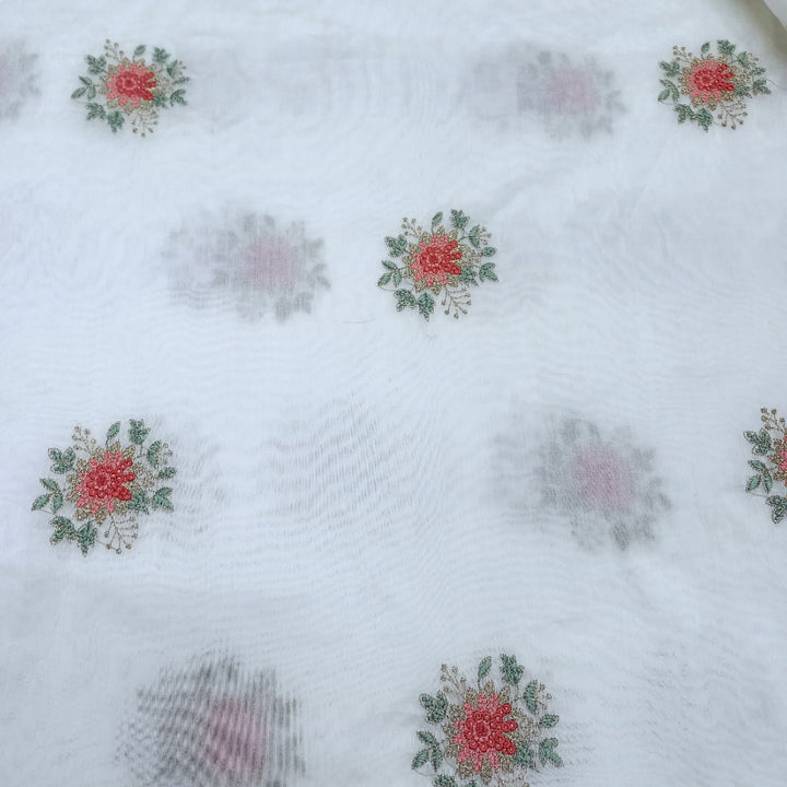 White Dyeable Chanderi Fabric With Floral Buttas And Embroidery