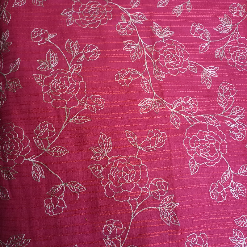 Maroon Color Thread Embroidery Tussar Fabric