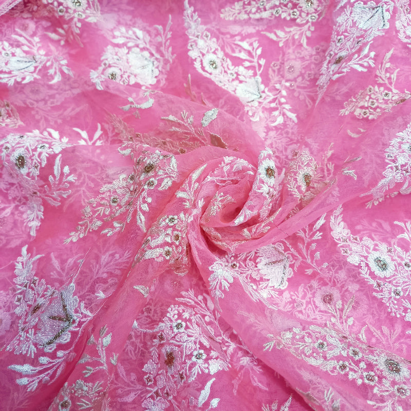 Tuffy Pink Color Organza Fabric With Floral Emboridery