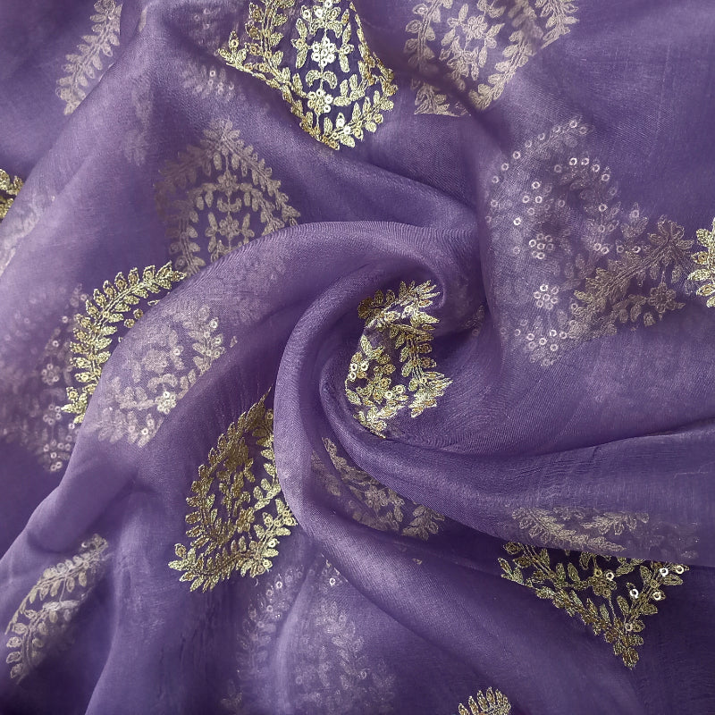 Amethyst Violet Color Organza Fabric With Floral Emboridery
