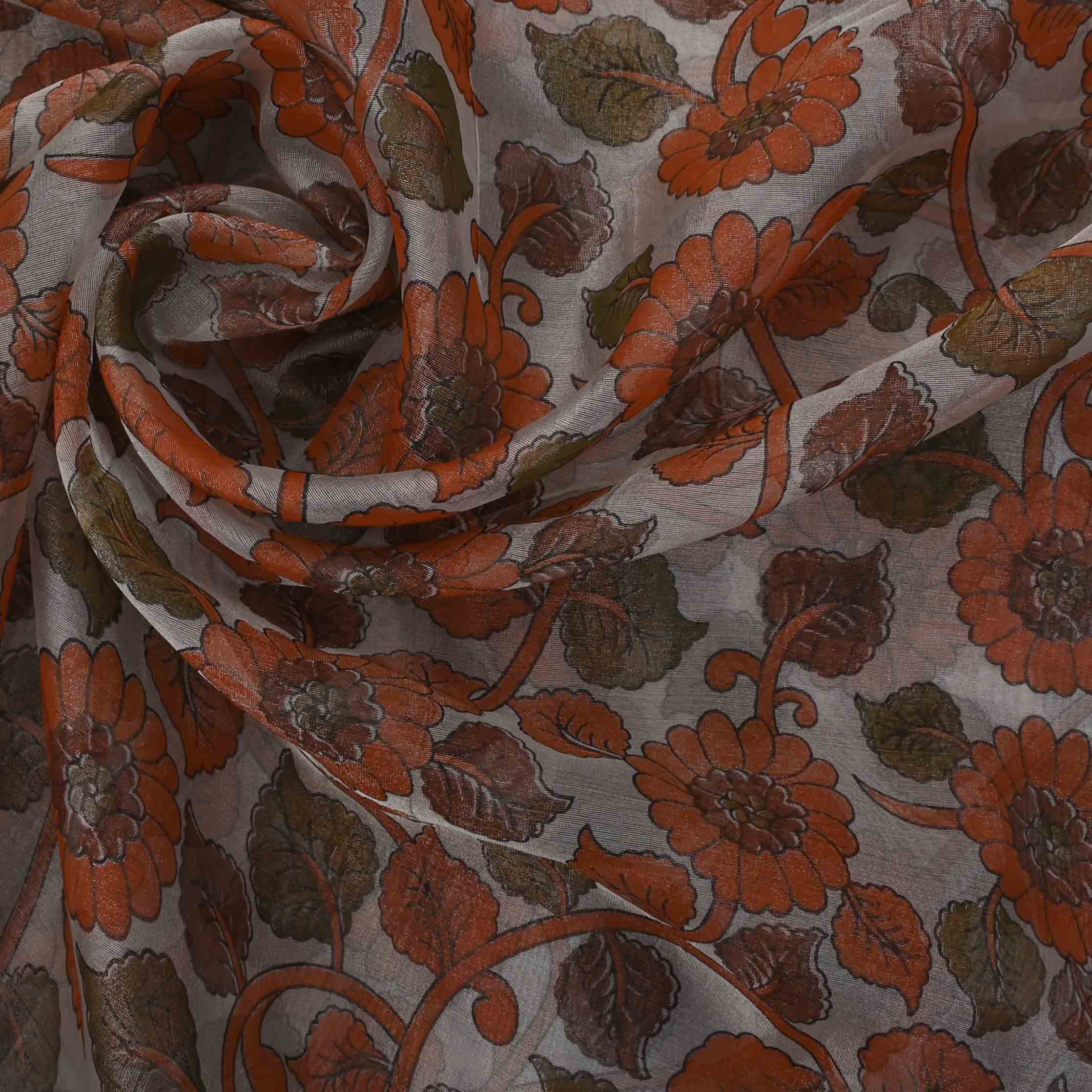 Dull Grey Kalamkari Printed Organza Fabric