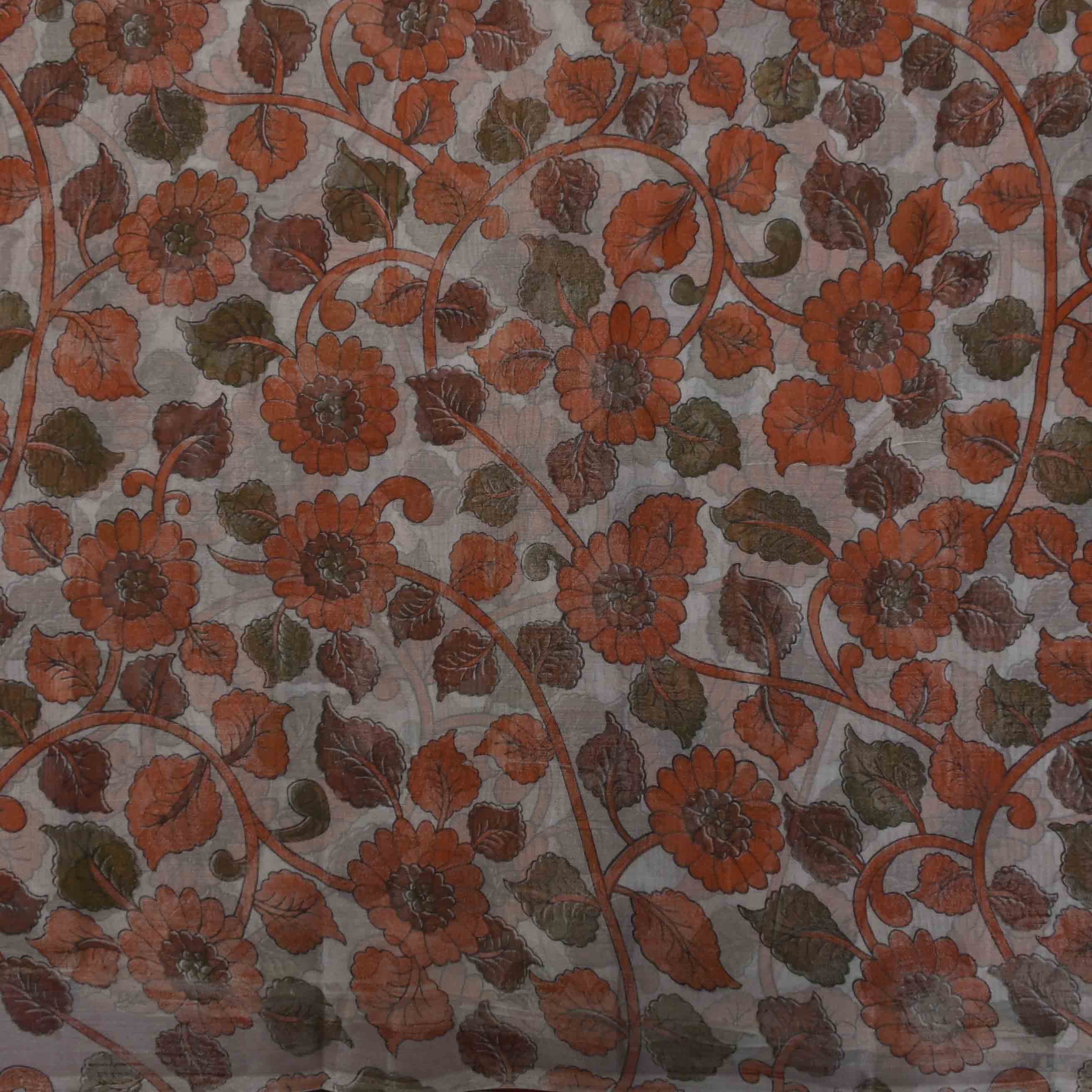 Dull Grey Kalamkari Printed Organza Fabric