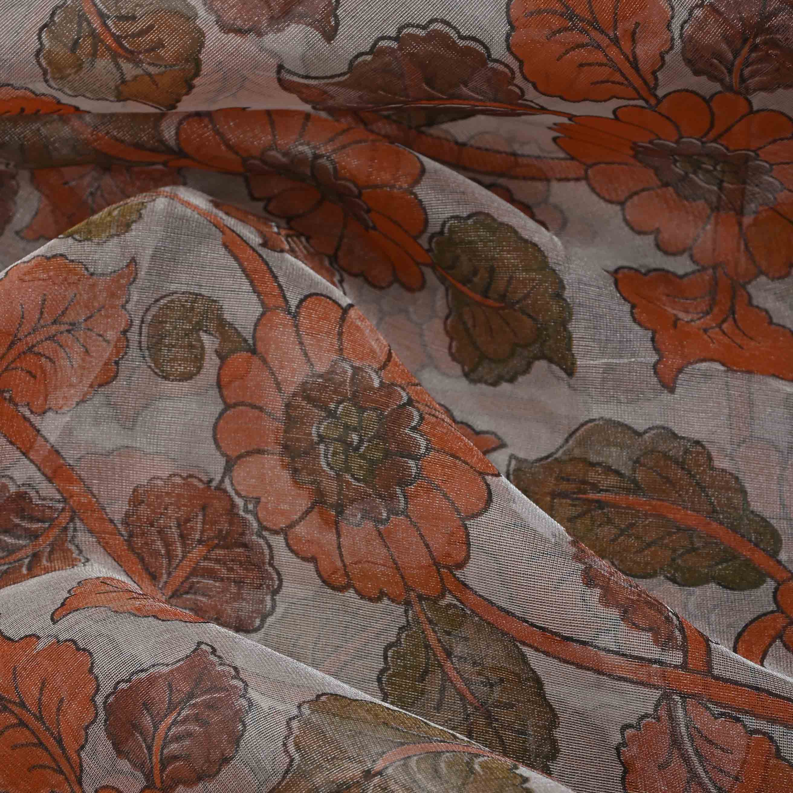 Dull Grey Kalamkari Printed Organza Fabric